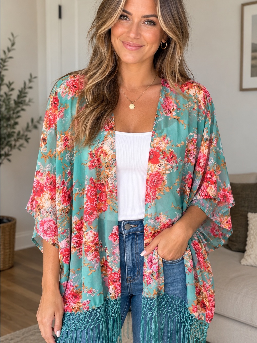 Floral Fringe Kimono - Teal Pink